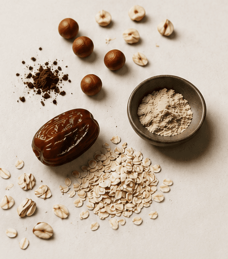 Dadels, hazelnoten, cacao, haver en plantaardige eiwitten op een warme ondergrond: Hazelnoot